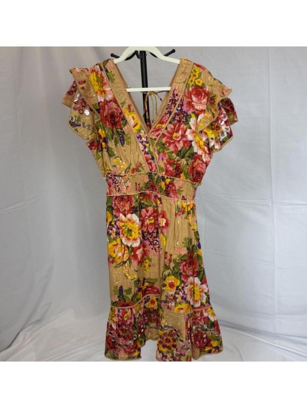 NWT Talisman Summer Dress V-Neck Back Tie Ruffled Floral Metallic Accents Size M